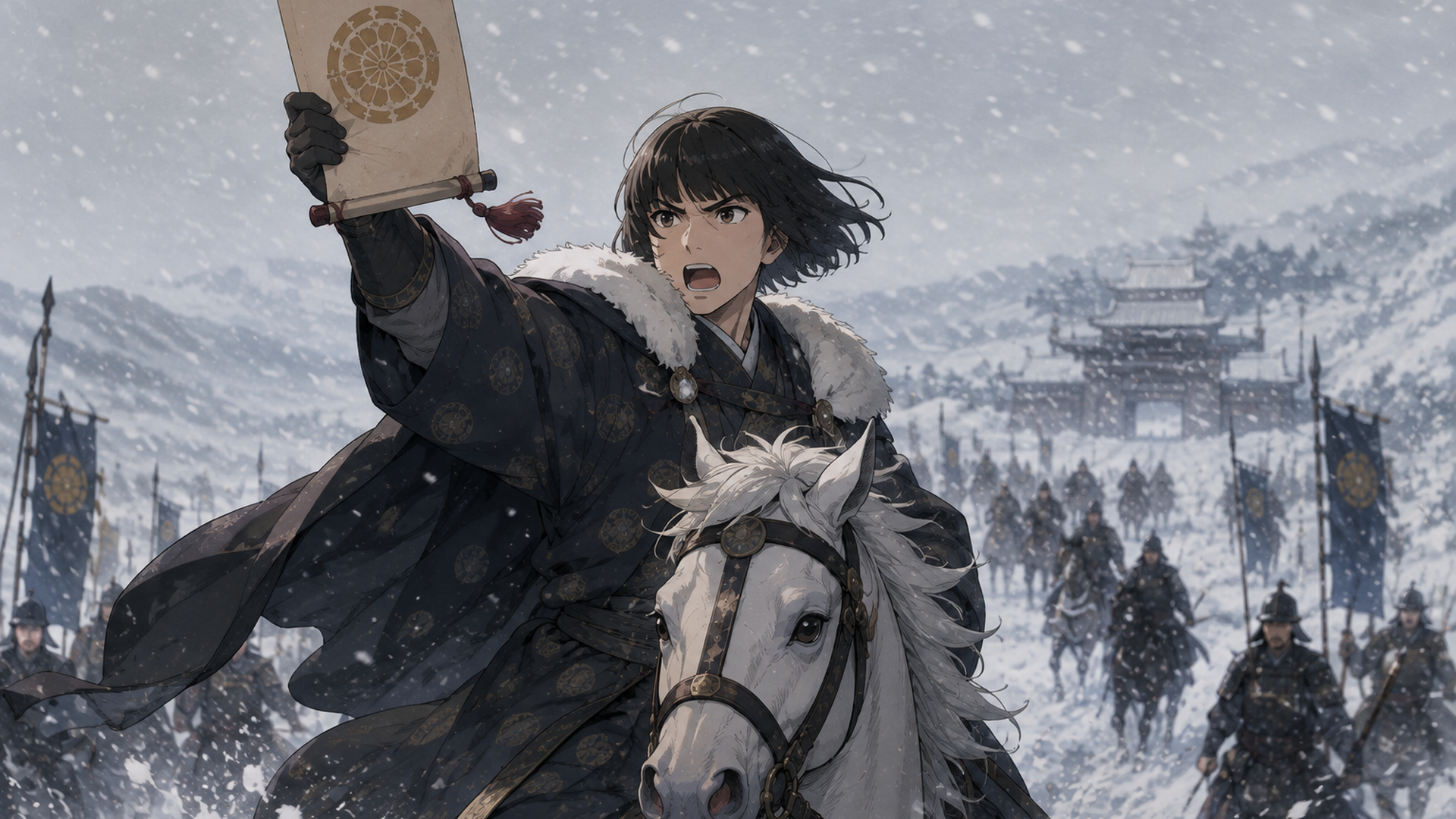 雪の戦場で帝の撤退勅書を掲げ龍門光英のもとへ駆けつける阿佐馬芳経