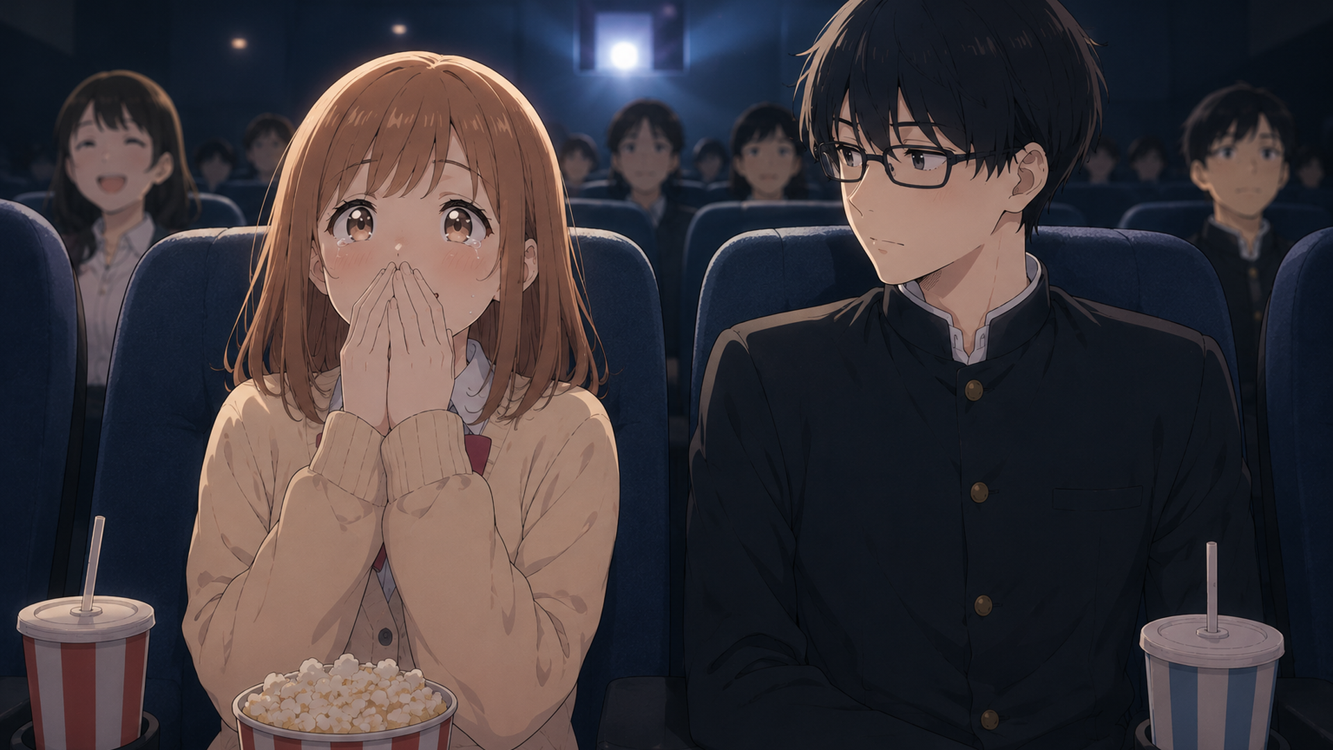 ショッピングモールの映画館で作品に感動する鈴木と静かに見守る谷